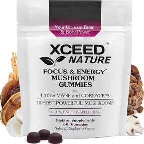 Lions Mane & Cordyceps Mushroom Gummies - 10in1 Supplement - for Focus, Energy, Mood, Memory & Clarity - 60 Pcs