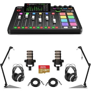 Rode RODECaster Pro II Integrated Audio Production Studio Console Bundle with 2x PodMic Microphone, 2x TAPH500 Headphones, 2x Broadcast Arm, 2x M to F XLR Cable, 32BG microSD Card