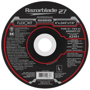 Flexovit® 6" X .045" X 7/8" RAZORBLADE 27® 60 Grit Aluminum Oxide Grain Reinforced Type 27 Depressed Center Cut-Off Wheel (A2481 Pack of 25)