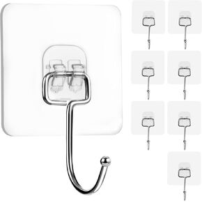 Large Adhesive Hooks 22Ib(Max), Waterproof and Rustproof Wall Hooks for Hanging Heavy Duty, Stainless Steel Towel and Coats Hooks to use Inside Kitchen, Bathroom, Home and Office, 8Pack
