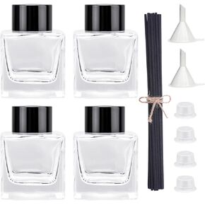 4PCS Glass Diffuser Bottles, Refillable Diffuser Bottles Square Shape with 20pcs Reeds Sticks & Black Caps & Funnel, 4.05" High 200ml 7.05 fl oz. Diffuser Jars for Home Oil Fragrance Decoration