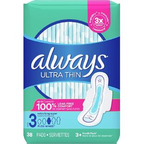 Always Ultra Thin Feminine Pads For Women, Size 3 Extra Long Super Absorbency, With Wings, Unscented, 38 Count