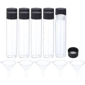 PATIKIL 60mL Glass Vials with Screw Caps, 10Pcs Liquid Sample Vial Storage with 5 Funnel for Essential Oil Liquid Sampling, Amber Black