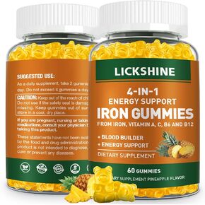 1 Pack Vegan 100MG Iron Supplement Gummies for Women & Men - with Vitamin C, A, B for Adults & Kids - Blood Builder & Energy Support for Iron Deficiency, Anemia - Peach Flavor (60 Ct)