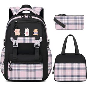 3PCS Girls Backpack for School, Kids Backpack for Girls with Lunch Box, Pencil Case, Cute Kawaii Plaid Book bag for Teen Girls Kindergarten Elementary Preschool Middle High School