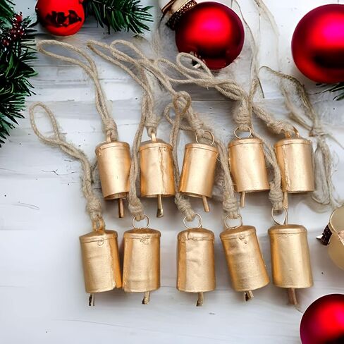 مجموعة من 10 أجراس ذهبية بقرة معدنية مزخرفة من الحديد النحاسي عتيقة زينة معلقة جرس لعيد الميلاد جارلاند ديكور باب شجرة in Kuwait