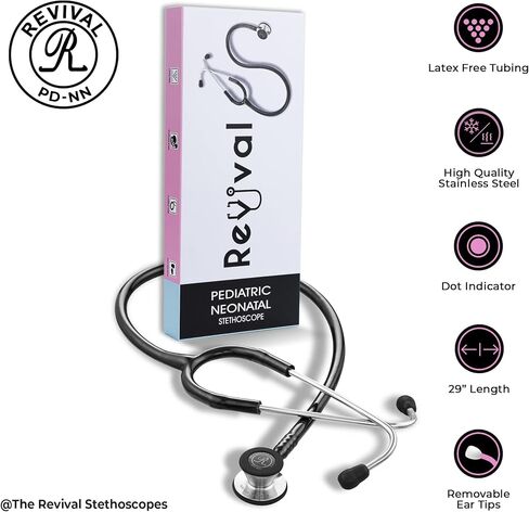 Revival Pediatric Neonatal Stainless-Steel Dual Head Stethoscope for Infant Care, Pediatricians, Neonatologist, Nurses and Medical Students with tunable Diaphragm, Latex Free tubing (Black) in Saudi Arabia