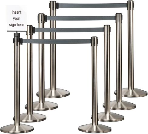 Satin Stainless Retractable Belt Stanchion Safety Barrier with 11' Dark Grey Belt (10 Post Bundle) in Saudi Arabia