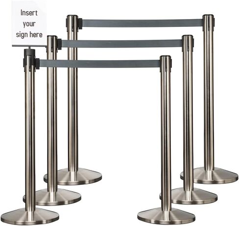 Satin Stainless Retractable Belt Stanchion Safety Barrier with 11' Dark Grey Belt (10 Post Bundle) in Saudi Arabia