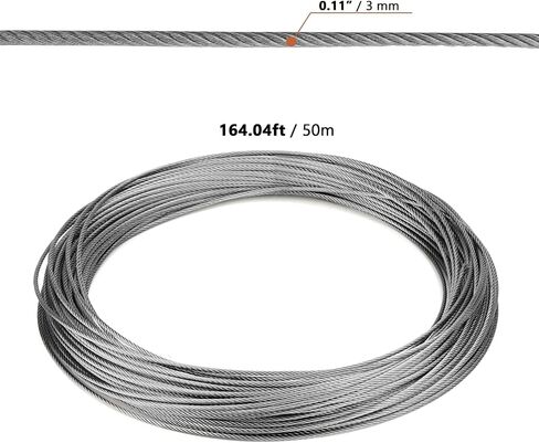 1/8 Inch x 164 Feet Wire Rope Cable, 3mm Thick 304 Stainless Steel Wire Rope, 7x19 Strands Aircraft Wire Rope for Deck Railing System, Clothesline, Garden Fence in Saudi Arabia