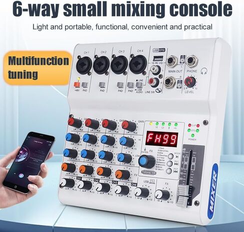 GX-06 Black 6-Channel Portable Audio Mixer with 99 Sound Effects Portable Sound Mixer Console for PC with Bluetooth USB Recording Input for Live Streaming, Podcasting, Mixer DJ Programmes in Saudi Arabia