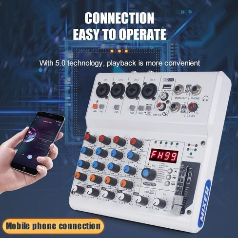 GX-06 Black 6-Channel Portable Audio Mixer with 99 Sound Effects Portable Sound Mixer Console for PC with Bluetooth USB Recording Input for Live Streaming, Podcasting, Mixer DJ Programmes in Saudi Arabia