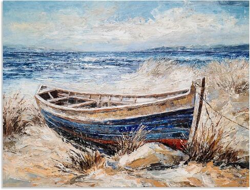 SYGALLERIER لوحة فنية جدارية ساحلية مع نسيج - لوحة تزيين المناظر الطبيعية للمراكب الشراعية على شاطئ البحر لغرفة المعيشة وغرفة النوم والحمام 12 × 16 بوصة in Kuwait