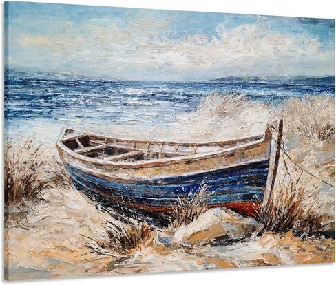 SYGALLERIER لوحة فنية جدارية ساحلية مع نسيج - لوحة تزيين المناظر الطبيعية للمراكب الشراعية على شاطئ البحر لغرفة المعيشة وغرفة النوم والحمام 12 × 16 بوصة in Kuwait