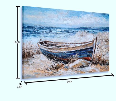 SYGALLERIER لوحة فنية جدارية ساحلية مع نسيج - لوحة تزيين المناظر الطبيعية للمراكب الشراعية على شاطئ البحر لغرفة المعيشة وغرفة النوم والحمام 12 × 16 بوصة in Kuwait