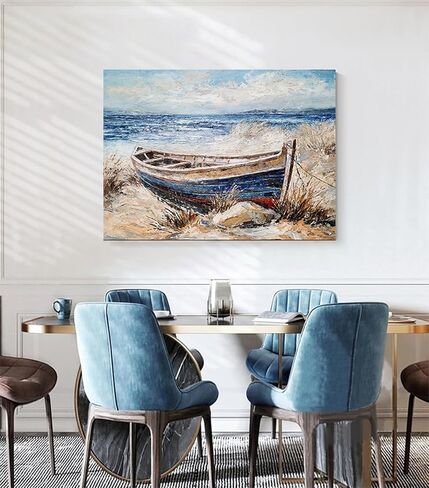 SYGALLERIER لوحة فنية جدارية ساحلية مع نسيج - لوحة تزيين المناظر الطبيعية للمراكب الشراعية على شاطئ البحر لغرفة المعيشة وغرفة النوم والحمام 12 × 16 بوصة in Kuwait