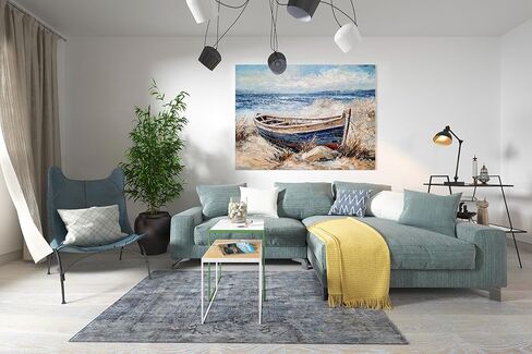 SYGALLERIER لوحة فنية جدارية ساحلية مع نسيج - لوحة تزيين المناظر الطبيعية للمراكب الشراعية على شاطئ البحر لغرفة المعيشة وغرفة النوم والحمام 12 × 16 بوصة in Kuwait