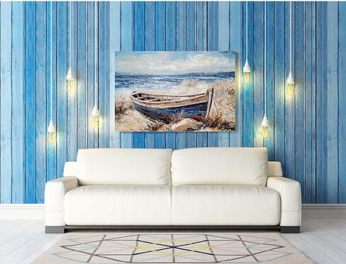 SYGALLERIER لوحة فنية جدارية ساحلية مع نسيج - لوحة تزيين المناظر الطبيعية للمراكب الشراعية على شاطئ البحر لغرفة المعيشة وغرفة النوم والحمام 12 × 16 بوصة in Kuwait