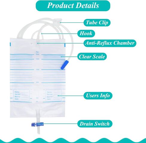 5Pcs Urine Drainage Bag, Anti-Reflux, 2000 mL Volume, 48" Drainage Tube, Clips and Hanging Hook in Saudi Arabia