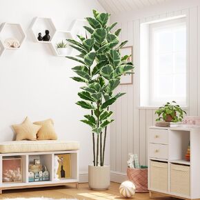 VIAGDO Artificial Rubber Tree Plant 7ft Tall Faux Rubber Plant with Pot Faux Plants Indoor Artificial House Floor Plants Outdoor Fake Rubber Trees for Living Room Office Decor Housewarming Gift