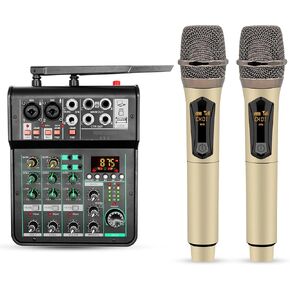 5 Core Audio Mixer Sound Board 4 Channel XLR Stereo Receiver w Bluetooth USB Microphone PA Karaoke Music Podcast Mixing Soundboard Mini Mezcladora Para DJ - MX 4CH 2MIC GLD