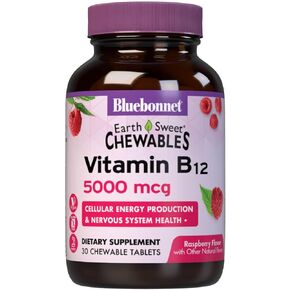 Bluebonnet Nutrition Earth Sweet Vitamin B12 5000 mcg Chewable Tablets, Soy-Free, Gluten-Free, Kosher Certified, Dairy-Free, Vegan, Raspberry Flavored, 30 Chewable Tablets, 30 Servings