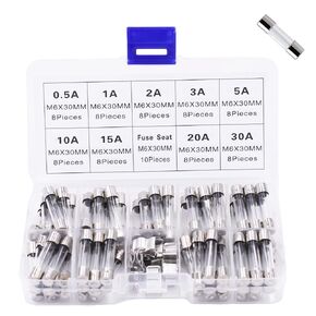 72 Pack Fast-Blow Glass Tube Fuse Assorted Kit, 6x30mm 250V 9 Values Fuses 0.5A, 1A, 2A, 3A, 5A, 10A, 15A, 20A, 30A, 8 Pcs of Each Type + 10 Pieces 6x30mm Fuse Seat with Box