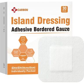 [4''x4''-30count]Carbou Island Dressing Bordered Gauze Sterile Individually Wrapped Gauze Pads,Highly Absorbent Adhesive Dressing Pad,Soft and Breathable Wound Dressing for Wound Care