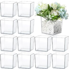 Tioncy 12 Pcs Cube Clear Flower Vase 4'' x 4'' Acrylic Flower Vase Square Acrylic Container Cube Flower Acrylic Vase Decorative Centerpiece for Plant Wedding Home Office Floral Decor
