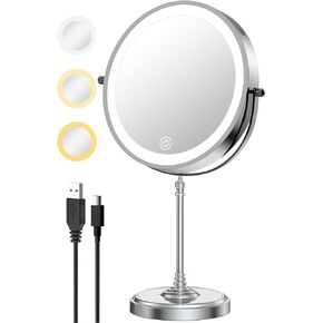 9" Lighted Makeup Mirror with Lights and Magnification 1X/10X Double Sided, 5000mAh Rechargeable Vanity Mirror with 3 Dimmable Color Light, Brush Nickel