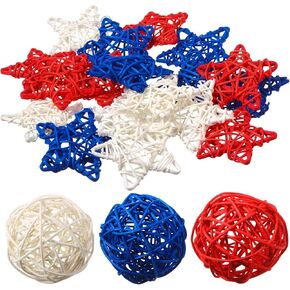 21 Pcs 4th of July Rattan Wicker Ball Decoration Rattan Balls Star Patriotic Ball Star Shaped Decorations Red White Blue Vase Bowl Fillers for Home Decor Independence Day Woven Decorative Balls in Saudi Arabia
