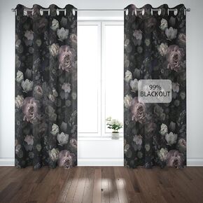 LADAYVOGUE 100% Blackout Curtains 2 Panels Set Black Pink Floral Rose Black Out Curtain Gothic Chic Dark Thermal Insulated Window Treatments Decor for Living Room Bedroom Darkening Curtain 52x63 Inch