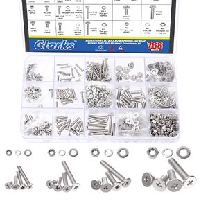 Glarks 768Pcs M2 M2.5 M3 M4 Flat Phillips Head Machine Screws Bolts with Hex Nuts and Flat Washers Lock Washers Assortment Kit, 304 Stainless Steel