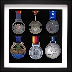 6 Medals Display Case, Medal Display Shadow Box Frame, 3D Medal Box Photo Frame for Runners, Marathon, Soccer, Football, Gymnastics & All Sports, Military Medals Badge Award Insignia (Black, 12x12)