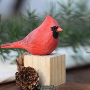 2PCS Small Wood Male and Female Northern Cardinal Figurine for Home Decor, Handmade 3.9'' Cardinal Birds Statue, Mini Carving Cardinal Decoy for Birds Lover