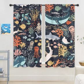 Riyidecor Kids Fish Curtains Funny Shark Cartoon Sea Creature Ocean Whale Underwater Blue Turtle Seaweed Child Animal Rod Pocket Nature Cute Bedroom Living Room Treatment Fabric 2 Panels 42Wx63H Inch