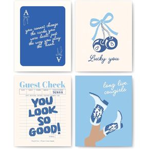 okaxscm Navy Coquette Preppy Cowgirl Wall Art Prints Set of 4, Coastal Cowgirl Decor, Preppy Room Decor Aesthetic, Blue 8 Ball Cherry Bow Wall Decor Posters for Girls Bedroom Dorm, 8x10 Unframed