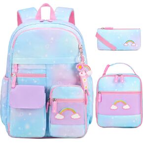 Girls Backpack, Cute Rainbow School Backpack for Girls with Insulated Lunch Box Pen Case Set, Kids Backpack Kindergarten Elementary Middle School Book Bag for Teen Girls Children Students