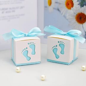 BEISHIDA Baby Shower Favor Boxes Blue Footprint Candy Boxes with Ribbons for Baby Girl & Boy Gender Reveal Party Newborn Baby Shower Party Favor Boxes (25pcs，2.4 inch)