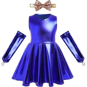 IBAKOM Toddler Baby Girl Metallic Pleated Dance Dress with Arm Sleeves Kid Christmas Dance Costumes Hip Hop Dresses
