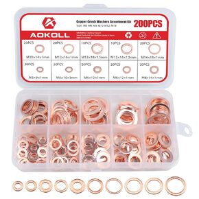 200pcs Copper Washers Sealing Crush Drain Plug Washer Assortment Kit Metric M5 M6 M8 M10 M12 M14 (Copper)