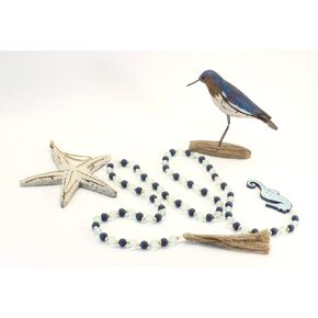 Nautical Decor Bundle: Wooden Starfish, Handcarved Willet, & Seaglass Garland for Beach-Themed Home Deco