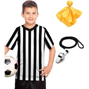 ChinFun 3 Pcs Kids Referee Shirt Costume Child Umpire Jersey Stripe, Yellow Penalty Flag and Stainless Steel Whistle