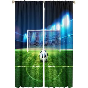 Kids Soccer Curtains, Green Sports Lights Turf Soccer Field Pattern Windows Treatments, Thermal Insulation Rod Pocket Curtains for Living Room Bedroom Boys Room W42x L45in