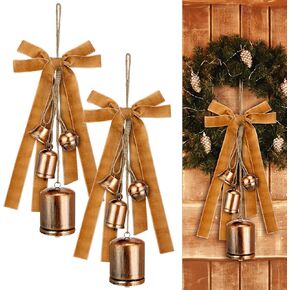 2 Set Harmony Cow Bells Vintage Rustic Cow Bells Christmas Hanging Bells with 1 Roll Vintage Khaki Velvet Ribbon for Xmas Door Wreath Tree Garland Ornaments