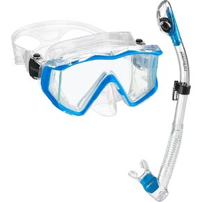Phantom Aquatics Rapido Boutique Collection Clareza Three Window Tempered Glass Lens Mask Dry Snorkel Set, Great for Travel Mask Snorkel Combo