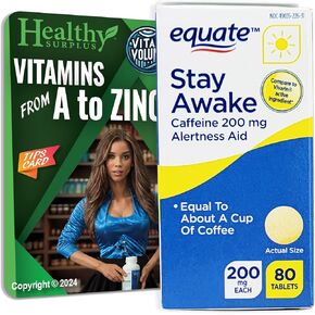 Equate Stay Awake - 200 mg Caffeine - 80 Tablets and Vital Volumes Vitamins A to Zinc Tips Card - Bundle
