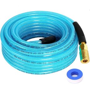 Air Compressor Hose 1/4 Inch x 100 Feet Reinforced Polyurethane (PU) Air Hose with Fittings, Bend Restrictors, 1/4" Industrial Quick Coupler and Plug Kit, Blue
