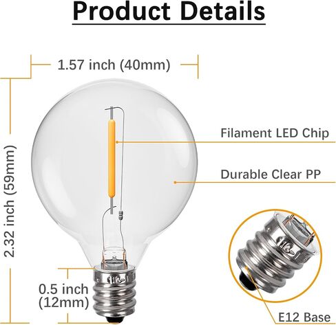 25-Pack G40 Replacement Light Bulbs, 5W Clear Globe Bulbs for Outdoor String Light (E12 / C7 Screw Base Sockets), Warm White 2200K, 20 Lumen, Dimmable in Saudi Arabia