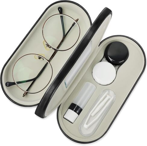 2 in 1 Contact Lens Case and Glasses Case - Double Sided Portable Contact Lens Case and Eyeglasses Case with Mirror,Tweezer and Contact Lens Solution Bottle,Storage Kit for Travel (Black) in Saudi Arabia
